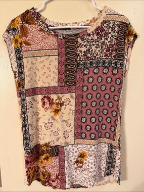 Patchwork Floral Short Sleeve Tee - Pink, Cream & Brown